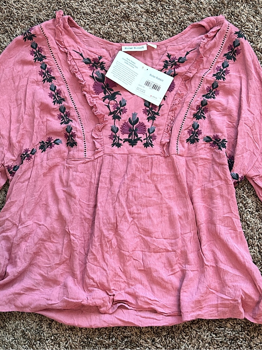 Roller Rabbit Pink V-Neck Embroidered Peasant Top